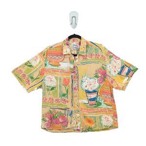 Jams World Women S Shirt Yellow Floral Abstract Hawaiian Short Sleeve VTG FLAW